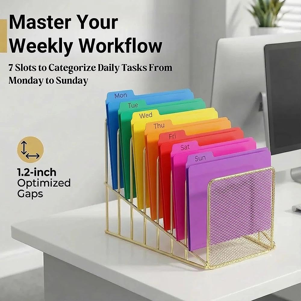 Simmer Stone Rose Gold Desk Organizer 7 Slot Inclined Vertical File Folder Holder Sorter with Mesh Front – Metal Wire Rack for Mail, Slim Binders, Books Office Organization & Desktop Accessories