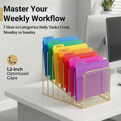Simmer Stone Rose Gold Desk Organizer 7 Slot Inclined Vertical File Folder Holder Sorter with Mesh Front – Metal Wire Rack for Mail, Slim Binders, Books Office Organization & Desktop Accessories