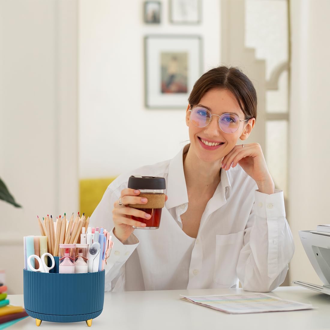SKYDUE 360 Rotating Purple Pen & Art Supply Organizer - 5 Slot Desk Organizer for Office, School, Home