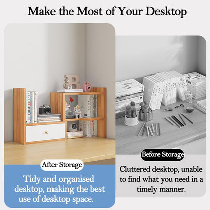 Expandable Wood Desktop Bookshelf, Freestyle Adjustable Wood Display Desk Shelf Counter Storage Rack Top Bookcase for Office & Home (White)