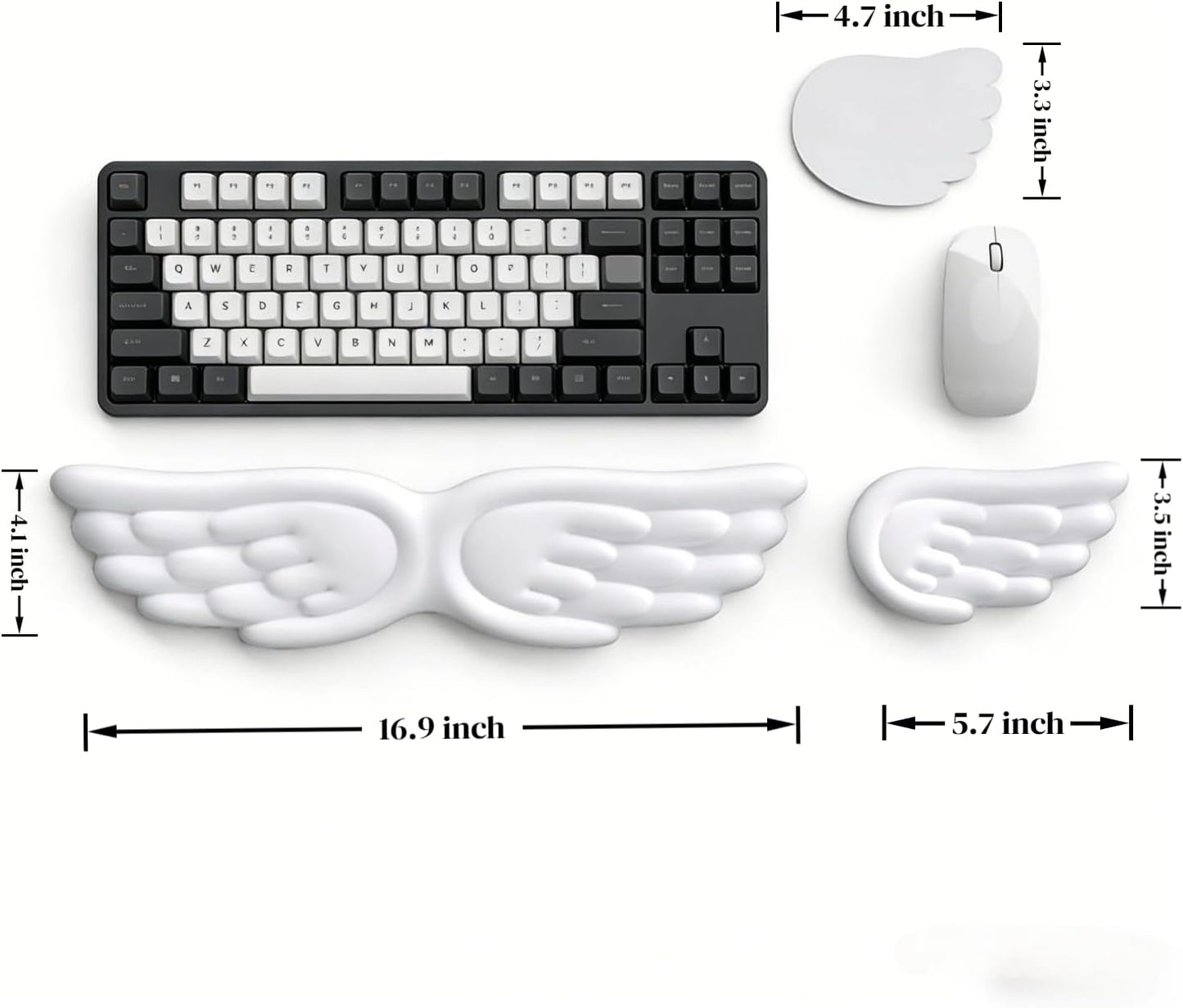 Angel Wing Wrist Rest Ergonomic Memory Foam Wrist Rest for Computer Keyboard Mouse Set with Cup Mat, Cute Gaming Keyboard Cushion Hand Support PU Leather Surface Anti-Slip Waterproof（White）