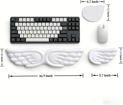 Angel Wing Wrist Rest Ergonomic Memory Foam Wrist Rest for Computer Keyboard Mouse Set with Cup Mat, Cute Gaming Keyboard Cushion Hand Support PU Leather Surface Anti-Slip Waterproof（White）