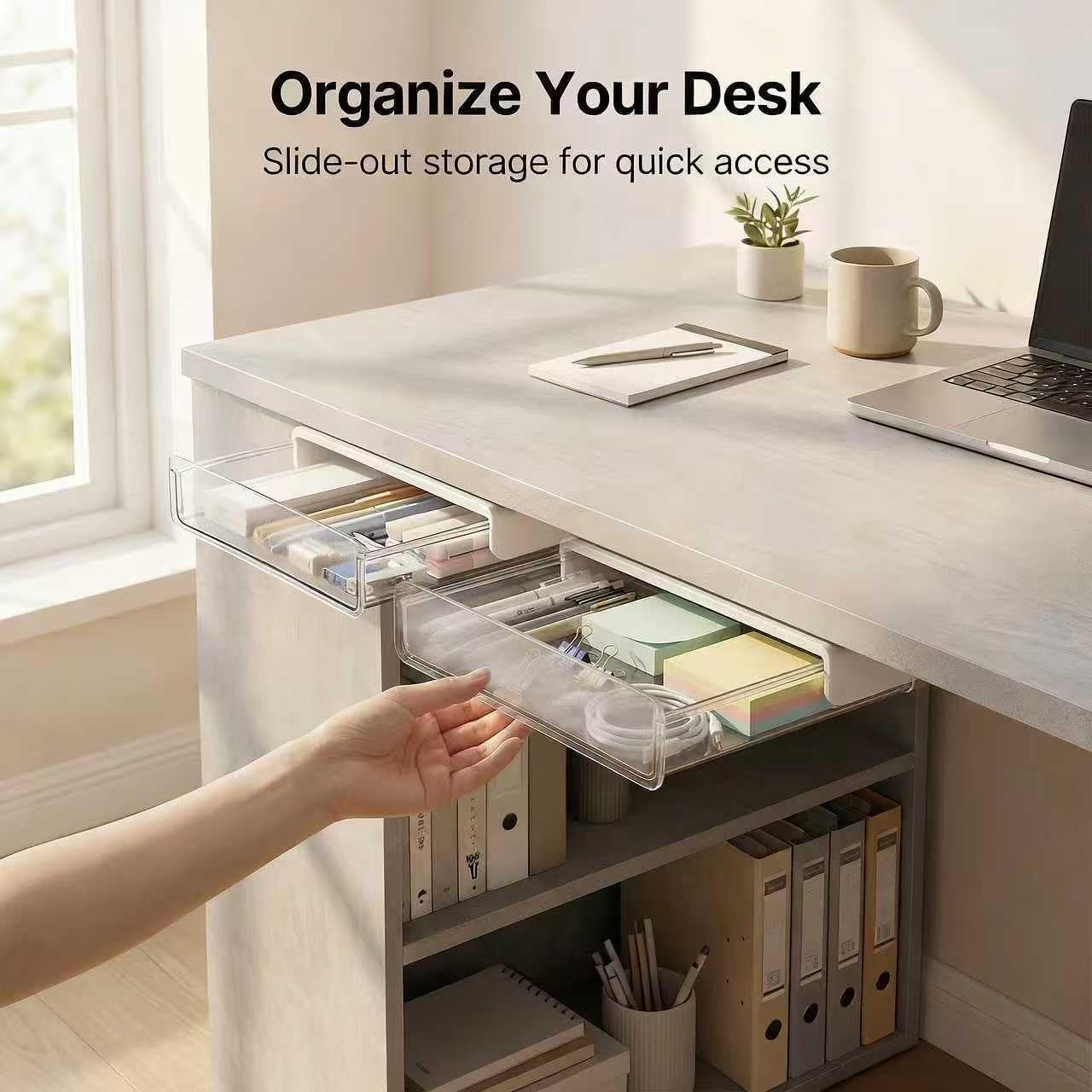 Self-adhesive Under Desk Drawer Organizer, 2 Pack Table Hidden Slide Out Large Storage Mounted Desktop Pencil Holder Tray Drawers for Office Home School Stationery Kitchen (Large, White)