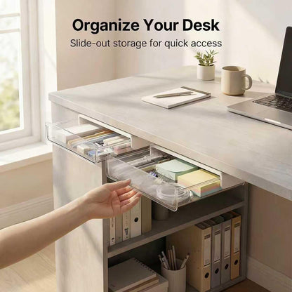Self-adhesive Under Desk Drawer Organizer, 2 Pack Table Hidden Slide Out Large Storage Mounted Desktop Pencil Holder Tray Drawers for Office Home School Stationery Kitchen (Large, White)