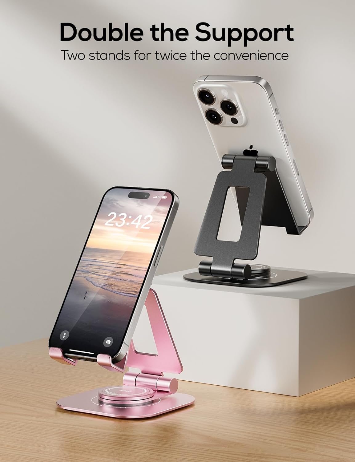 Nulaxy 2-Pack 360 Rotating Phone Stand, Fully Adjustable Foldable Phone Holder, Aluminum Desktop Cradle with Anti-Slip Base, Office Accessories Dock for All Phones with Thick Case, Black