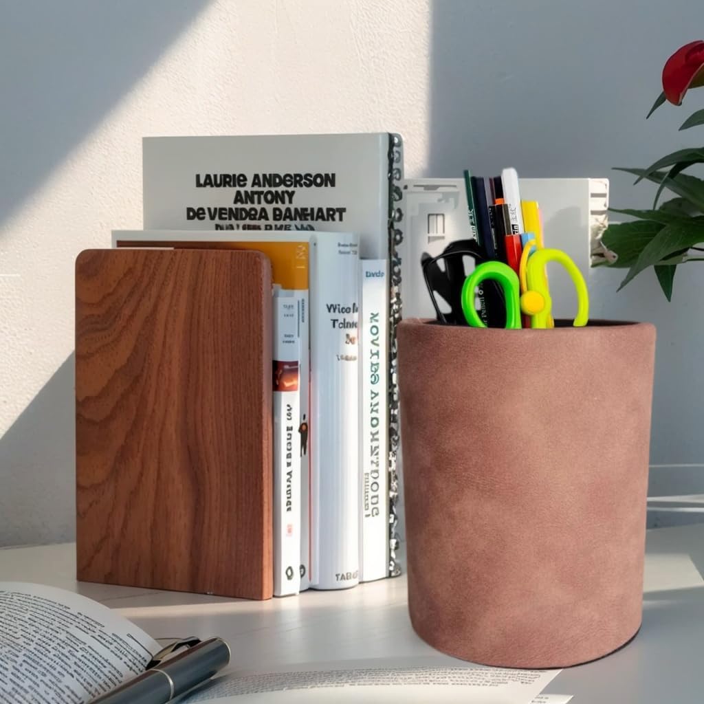 Leather Pen Holder, Brown Pencil Holder, Desktop Elegant Pen Holder for Desk, Stationery Organizer for School Office Home Dorm (3.3" x 3.3" x 4", Brown)