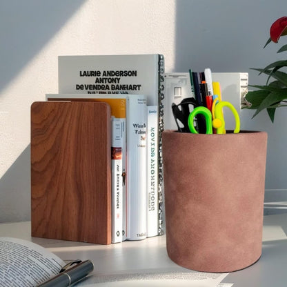 Leather Pen Holder, Brown Pencil Holder, Desktop Elegant Pen Holder for Desk, Stationery Organizer for School Office Home Dorm (3.3" x 3.3" x 4", Brown)