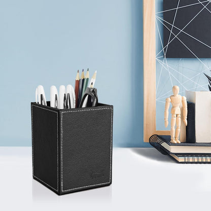 Leather Pen Holder, Brown Pencil Holder, Desktop Elegant Pen Holder for Desk, Stationery Organizer for School Office Home Dorm (3.3" x 3.3" x 4", Brown)