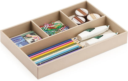KINGFOM Pu Leather Desk Organizer Tray, 4 Compartment Office Storage Supplies Stationery Drawer Tray, Nightstand Bedside Tray for Key, Wallet, Watch, Coin, Phone Valet Tray Stackable