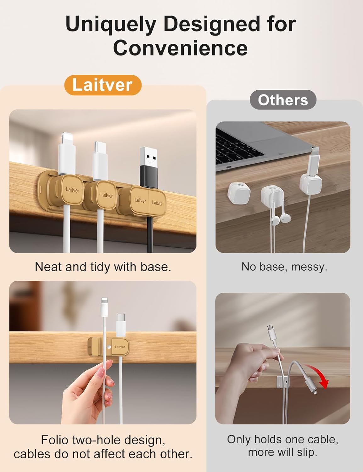 6 Pack Magnetic Cable Clips [1s Open/Lock], Laitver Cord Organizer Holder Strong Adhesive Desk Cable Management- Organize Charging Cords Neatly for Home, Office, Car,Desk, Nightstand
