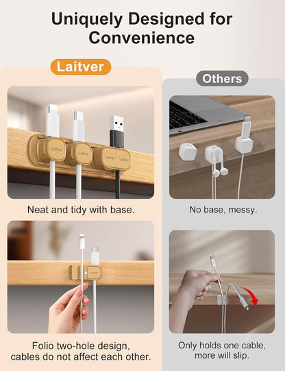 6 Pack Magnetic Cable Clips [1s Open/Lock], Laitver Cord Organizer Holder Strong Adhesive Desk Cable Management- Organize Charging Cords Neatly for Home, Office, Car,Desk, Nightstand