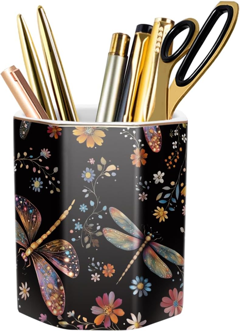 WAVEYU Ceramic Pen Holder for Desk Cute, Pencil Cup Pot Desk Organizer, Makeup Brush Holder for Women, Men, Kids, Desk Marble Decor for Office, Classroom, Home, Gray Golden