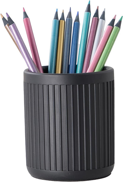 Aotea Crafts - Concrete Modern Industrial Pen Holder for Desk - Aesthetic Minimalist Charcoal Black Pencil Holder for Desk- Handcrafted Cement Fluted Pen Cup Organizer - Sealed & Durable