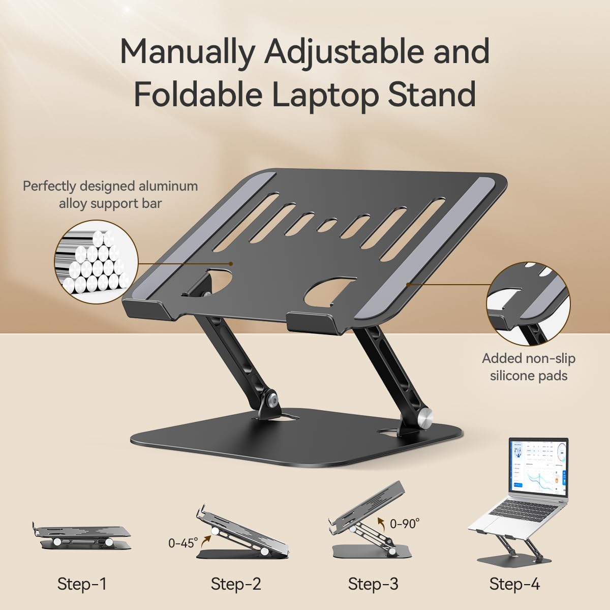 Laptop Stand for Desk, Adjustable Metal Foldable Laptop Riser Holder, Aluminum Desktop Book Stands, Ventilated Cooling Computer Notebook Stand with 10-17" (Silver)