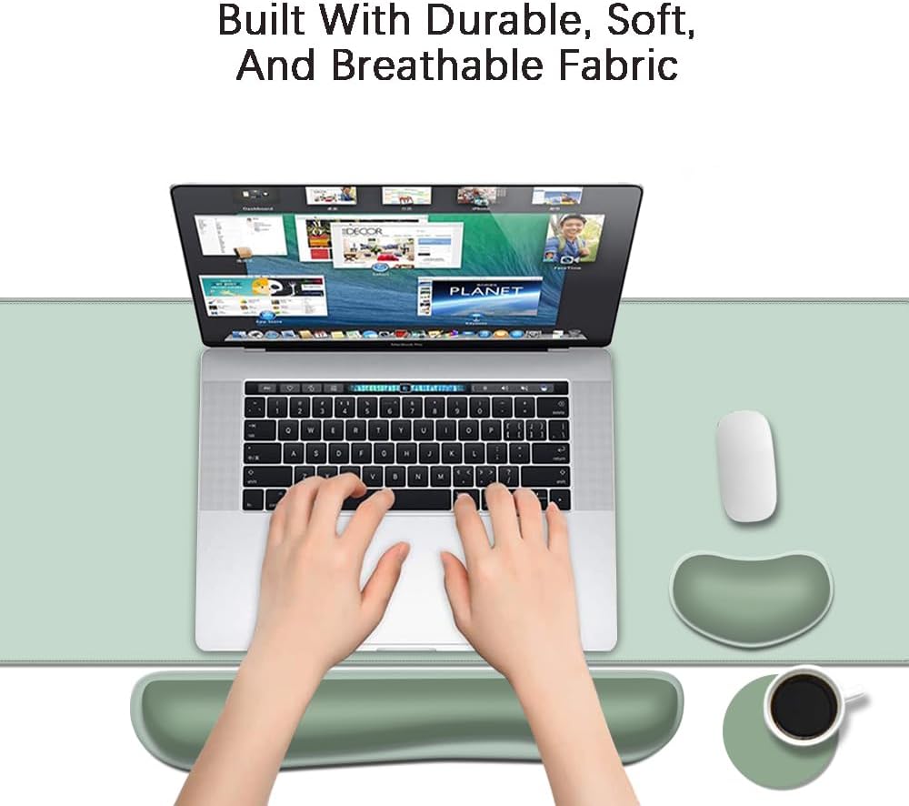 MIBITRI Keyboard Mouse Pad Set, Extended Gaming Mouse Pad+Ergonomics Keyboard Wrist Rest Support, Memory Foam, Easy Typing Pain Relief, 4Pcs XXL Ultra Thick Desk Mat, Enchanted Bookshelf