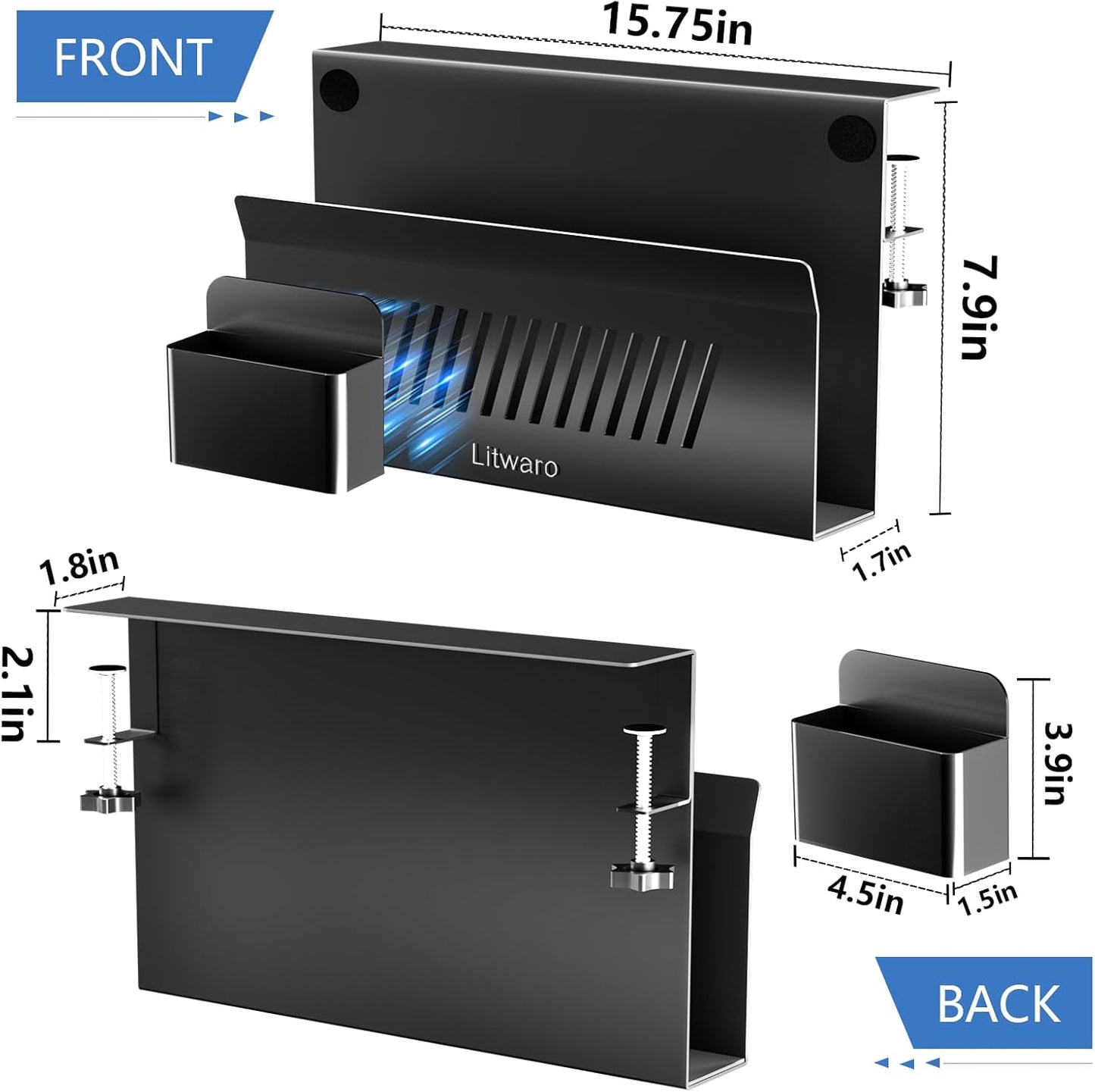 Litwaro Desk Side Storage Organizer, 2 Tier Under Desk Laptop Holder No Drill, Laptop Mount with Magnetic Pen Holder, Hanging Desk Organizer Fits Flat Edge Desks 0.4" to 2.1" (White)