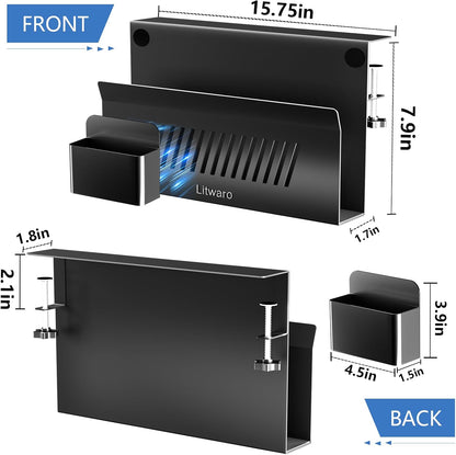 Litwaro Desk Side Storage Organizer, 2 Tier Under Desk Laptop Holder No Drill, Laptop Mount with Magnetic Pen Holder, Hanging Desk Organizer Fits Flat Edge Desks 0.4" to 2.1" (White)