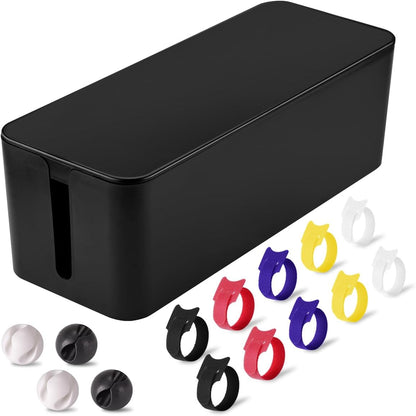 Cable Management Box Large - Wooden Grain Cable Organizer Box to Hide Wires&Power Strips,TV&Desk Computer Wires,with Cable Clips&Reusable Cable Ties for Home&Office(Black)