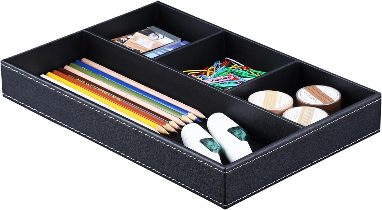 KINGFOM Pu Leather Desk Organizer Tray, 4 Compartment Office Storage Supplies Stationery Drawer Tray, Nightstand Bedside Tray for Key, Wallet, Watch, Coin, Phone Valet Tray Stackable