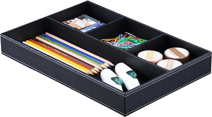 KINGFOM Pu Leather Desk Organizer Tray, 4 Compartment Office Storage Supplies Stationery Drawer Tray, Nightstand Bedside Tray for Key, Wallet, Watch, Coin, Phone Valet Tray Stackable