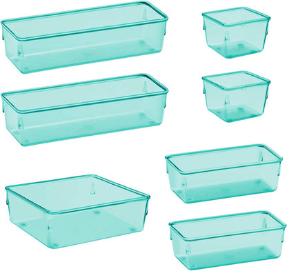 Acrimet Drawer Organizer Modular, Box Tray Storage Bins for Office, Home, Makeup, Kitchen, Junk Drawer (7 Units - 4 Sizes) (Clear Green Plastic)