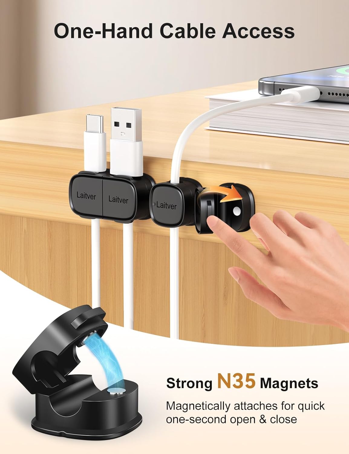 6 Pack Magnetic Cable Clips [1s Open/Lock], Laitver Cord Organizer Holder Strong Adhesive Desk Cable Management- Organize Charging Cords Neatly for Home, Office, Car,Desk, Nightstand