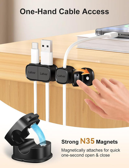 6 Pack Magnetic Cable Clips [1s Open/Lock], Laitver Cord Organizer Holder Strong Adhesive Desk Cable Management- Organize Charging Cords Neatly for Home, Office, Car,Desk, Nightstand