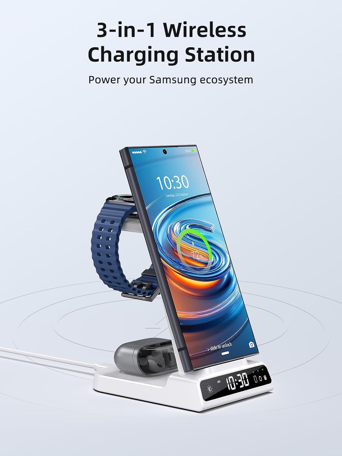 Wireless Charger for Samsung Charging Station: 3 in 1 Android Charging Stand with Dimmable Clock - Nightstand Organizer for Galaxy S25 Ultra, Galaxy Watch 8 7 6 5 4, Galaxy Buds, Space-Saving Charger
