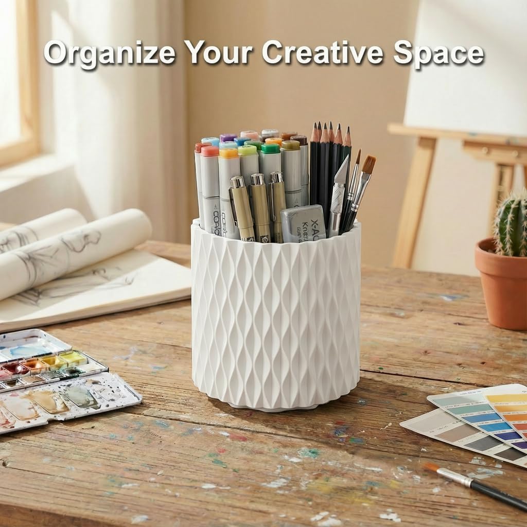 Black Pen Holder for Desk, 360° Rotating Pen Organizer with 5 Slots - Spinning Pencil Holder & Pencil Cup for Office, Art Supply, Makeup Brush - Desk Organizer for Home, School
