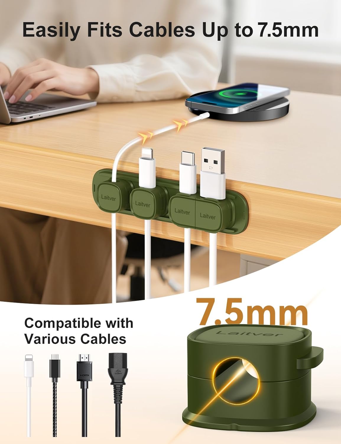6 Pack Magnetic Cable Clips [1s Open/Lock], Laitver Cord Organizer Holder Strong Adhesive Desk Cable Management- Organize Charging Cords Neatly for Home, Office, Car,Desk, Nightstand
