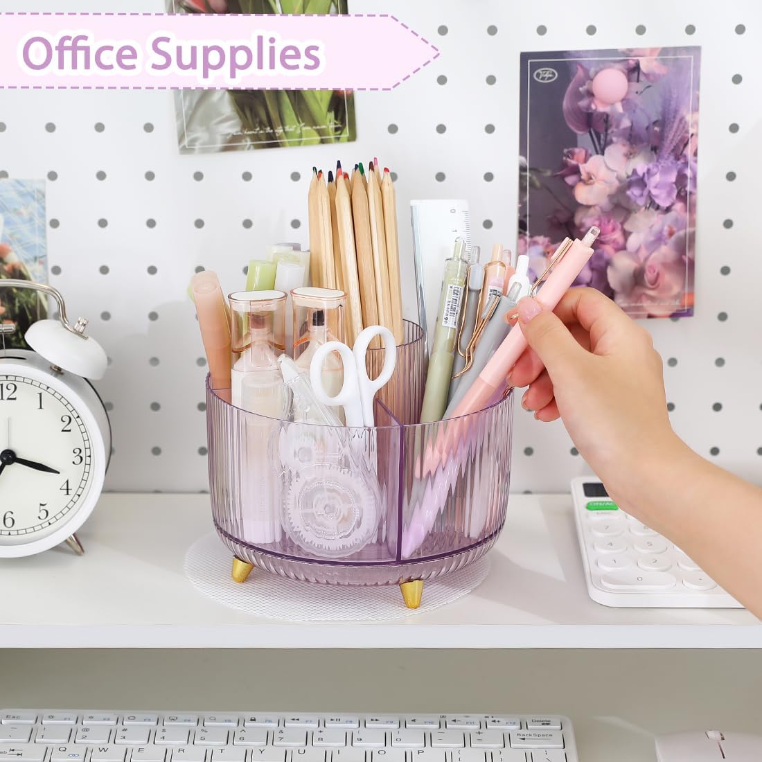 SKYDUE Rotating Pencil Pen Holder, Pen Organizer with 5 Slots - Aesthetic Desk Organizer and Accessories for School, Home, Office Supplies