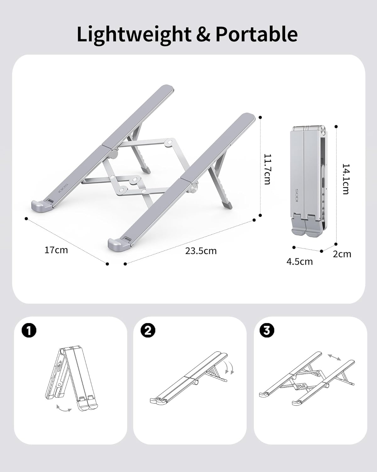 SODI [Ultra Compact] Foldable & Portable Laptop Stand for Desk, Lightweight Tablet Stand for Business Travel, Library, Cafe, 6 Level Height Ergonomic Aluminum Computer Holder for 10-16" Laptops