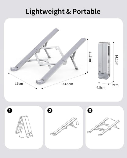 SODI [Ultra Compact] Foldable & Portable Laptop Stand for Desk, Lightweight Tablet Stand for Business Travel, Library, Cafe, 6 Level Height Ergonomic Aluminum Computer Holder for 10-16" Laptops