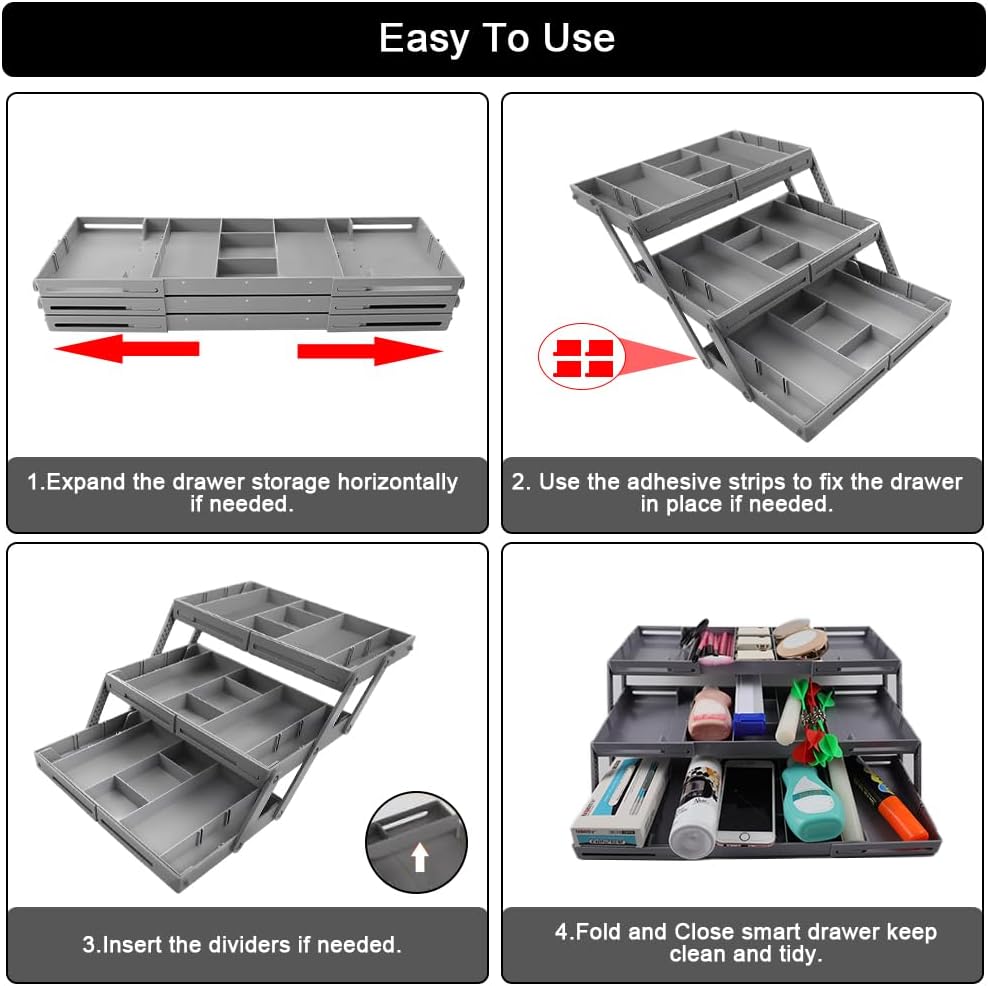 3 Tier Drawer Organizer Collapsible, Multi Level Drawer Organizer, Junk Drawer Organizer for Office, Makeup, Jewelry, Vanity, Kitchen(1 Row 3 Tier)