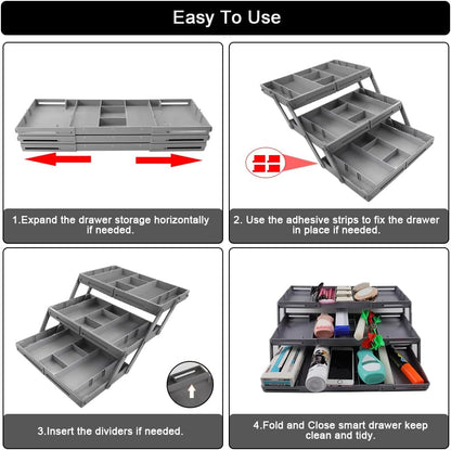 3 Tier Drawer Organizer Collapsible, Multi Level Drawer Organizer, Junk Drawer Organizer for Office, Makeup, Jewelry, Vanity, Kitchen(1 Row 3 Tier)