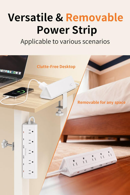 6.5 FT Desk Clamp Power Strip with 5 AC Outlets & 6 USB Ports PD 40W USB-C Fast Charging, 1250J Surge Protector, Fits 2.1 in top Edge Black