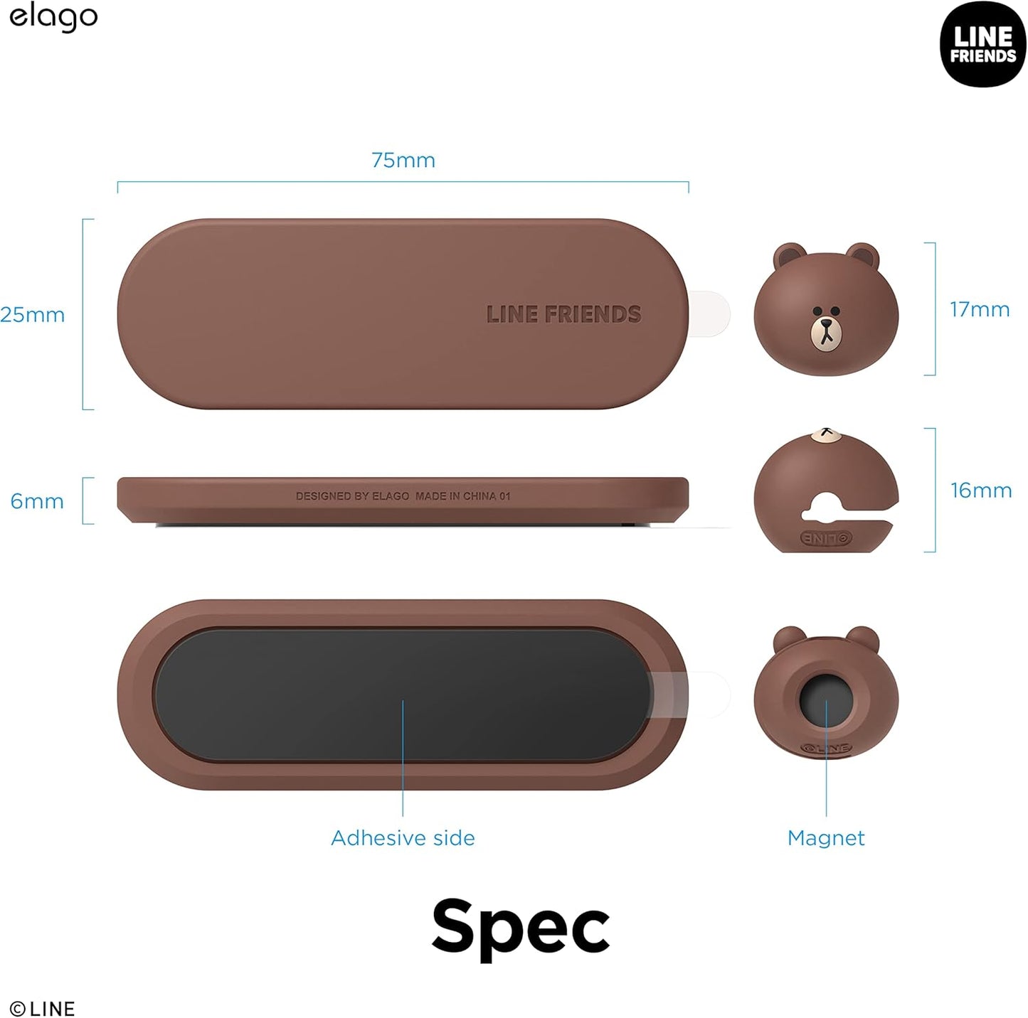 elago | LINE Friends Magnetic Cable Management Buttons, Organize 3 Cables, Powerful Magnets, Reusable Sticker Attaches to Surface, Desk Organization (Brown)