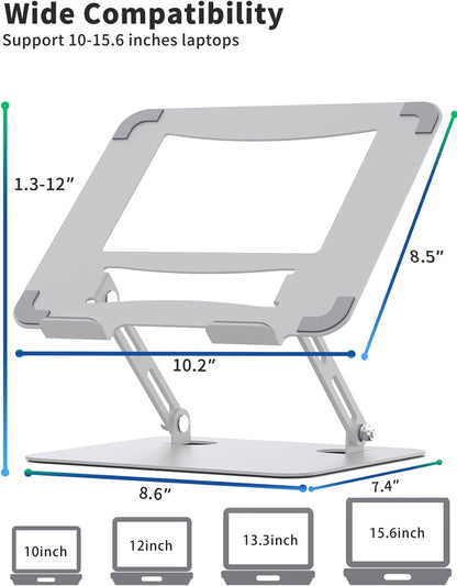 SOUNDANCE Laptop Stand for Desk with Stable Heavy Base, Adjustable Height Multi-Angle, Ergonomic Metal Riser Holder, Foldable Mount Elevator, Compatible with 10 to 15.6 Inches PC Computer, Silver