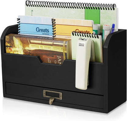 Flexzion 3 Tier Wooden Desk Organizer - Country Rustic Compartments Slot File Tray Pencil Sorter Shelf Holder Supplies Rack Accessories Set with Storage Drawer for Desktop Tabletop Office Home Brown