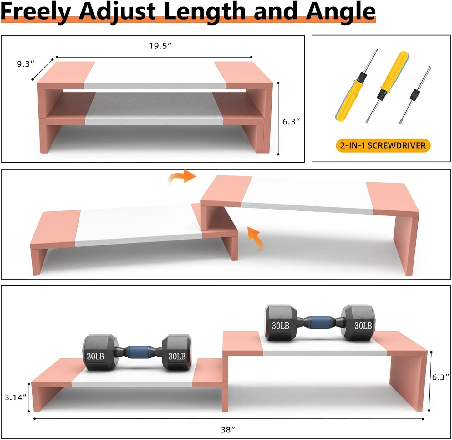WESTREE Dual Monitor Stand Riser - 2 Shelf Computer Stand with Adjustable Length and Angle, Desktop Organizer for 2 Monitors