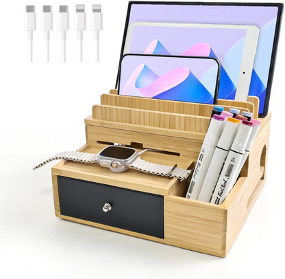 Bamboo Charging Organizer for Multi-Devices, with Drawer and Pen Holder, Nightstand Desk Charging Stations Electronic Organizer for Cell Phone, Tablet, Etc (with 5-Cable, No USB Charger)