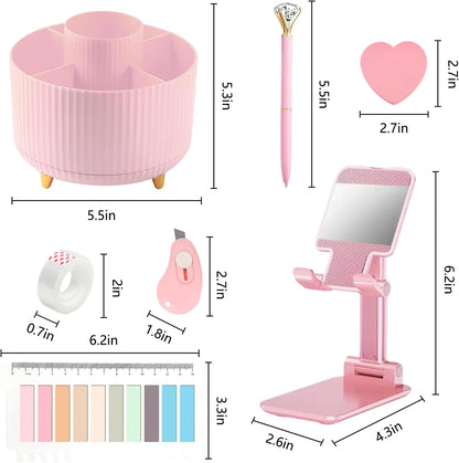 suniya Office Supplies,Gold Desk Accessories,with Stapler,Tape Dispenser,Pen Holder,Scissors,Phone Stand,Staple Remover,Ballpoint Pen,Clear Tape, Staples,Ruler,Clips,Best Gift for Business or Boss