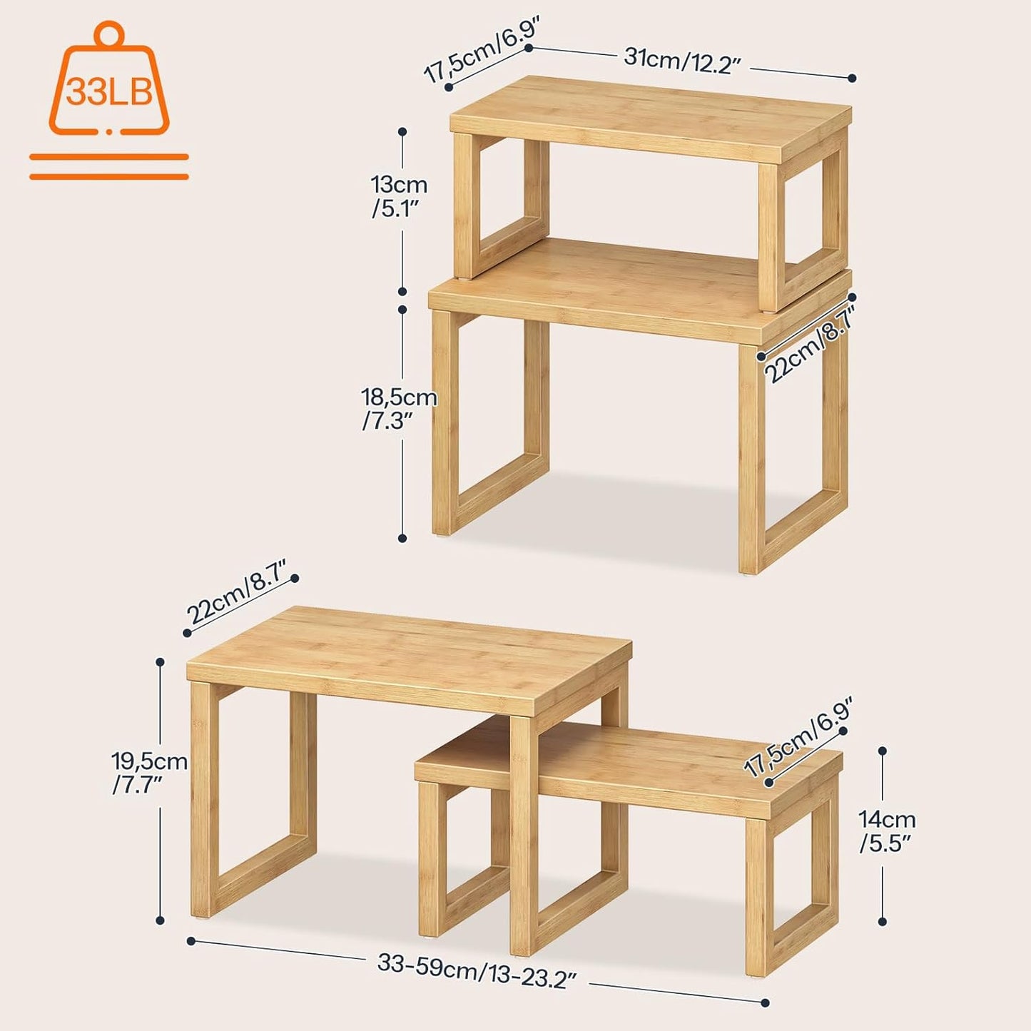 HOOBRO Cabinet Organizer Shelf, Set of 2 Kitchen Counter Shelves, Expandable Kitchen Storage, Stackable Bamboo Spice Rack, for Kitchen, Countertop, Office Desk, Living Room, Mocha MA20TL01