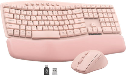 Wireless Keyboard and Mouse Combo, SABLUTE MA41 30dB Quiet Ergonomic Wave Keyboard Set with Soft Leather Palm Rest, Dual-System Switch for Windows/Mac, Ideal for Business Teams Home Office
