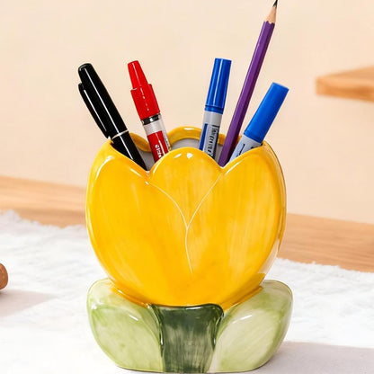 Pen Holder for Desk Cute Toothbrush Holder Tulips Vase Decor Aesthetic Pencil Holder for Office Makeup Brush Holder Yellow Kawaii Desk Accessories Home Decor Birthday Gifts for Women