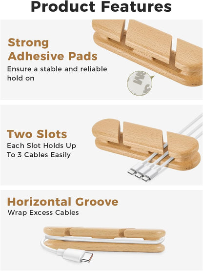 Solid Walnut Cable Holder & Cord Organizer, Adhesive Cable Clips for Desk, Under Desk, Wall, Bedside & Car, Wood Cable Management for Home Office, Phone Charging & USB Cables
