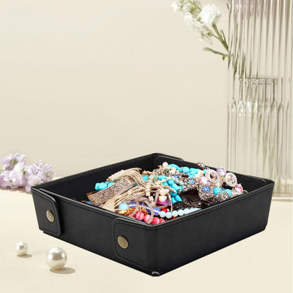 Portable PU Leather Valet Tray for Travel Foldable Leather Jewelry Storage Case Catchall Dish Plate Necklace Black Pendant Organizer Holder Container for Men Women Desk Bedside Drawers