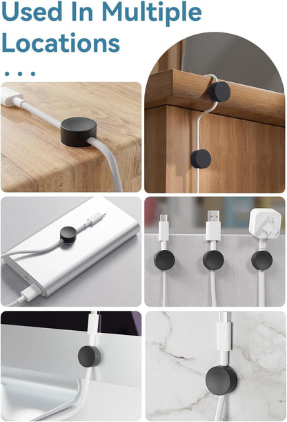 Maveek 5 Pcs Magnetic Cord Holder Cable Management, Strong Cable Clips Magnets Metal Plate, Adhesive Wire Organizers for Nightstand Desktop Wall Kitchen USB LAN (Black)