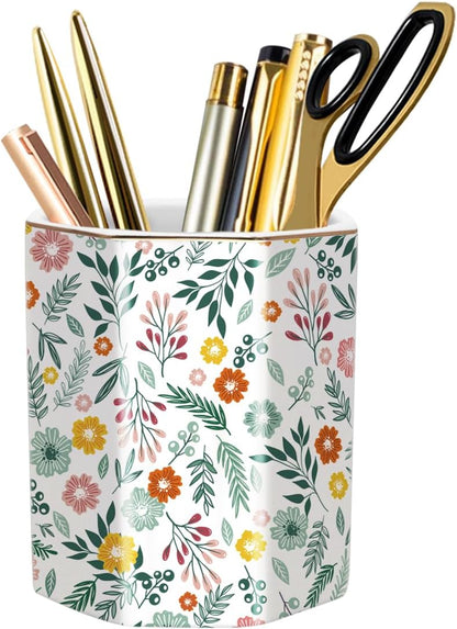 WAVEYU Ceramic Pen Holder for Desk Cute, Pencil Cup Pot Desk Organizer, Makeup Brush Holder for Women, Men, Kids, Desk Marble Decor for Office, Classroom, Home, Gray Golden