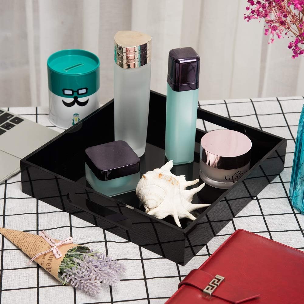 KEVLANG Clear Sturdy Acrylic Serving Tray with Handles-12x16Inch-Serving Coffee,Appetizer,Breakfast,Butler-Kitchen Countertop -Makeup Drawer Organizer-Vanity Table -Ottoman